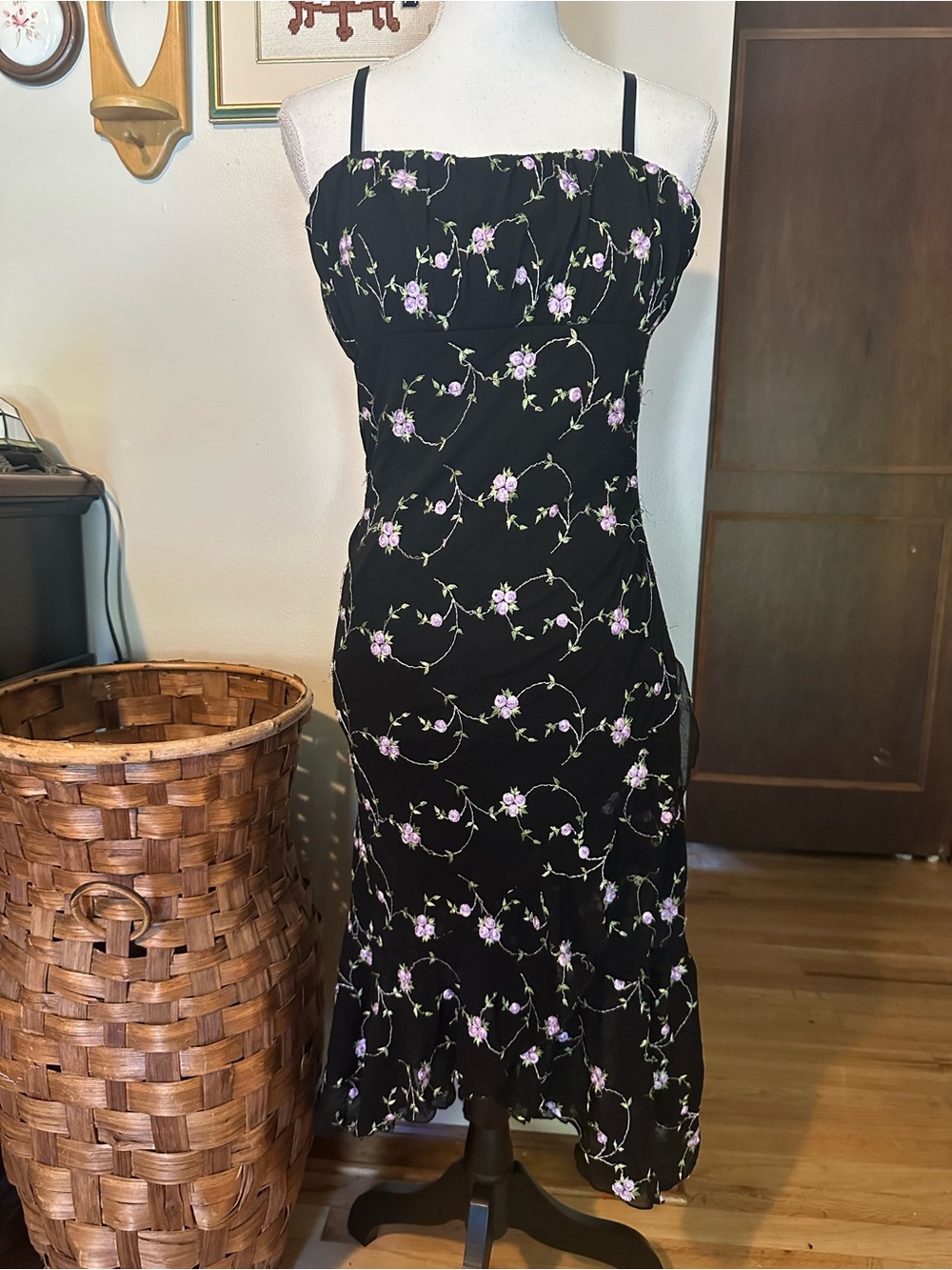 Vintage Y2K body central mesh Black floral midi dress with adjustable straps